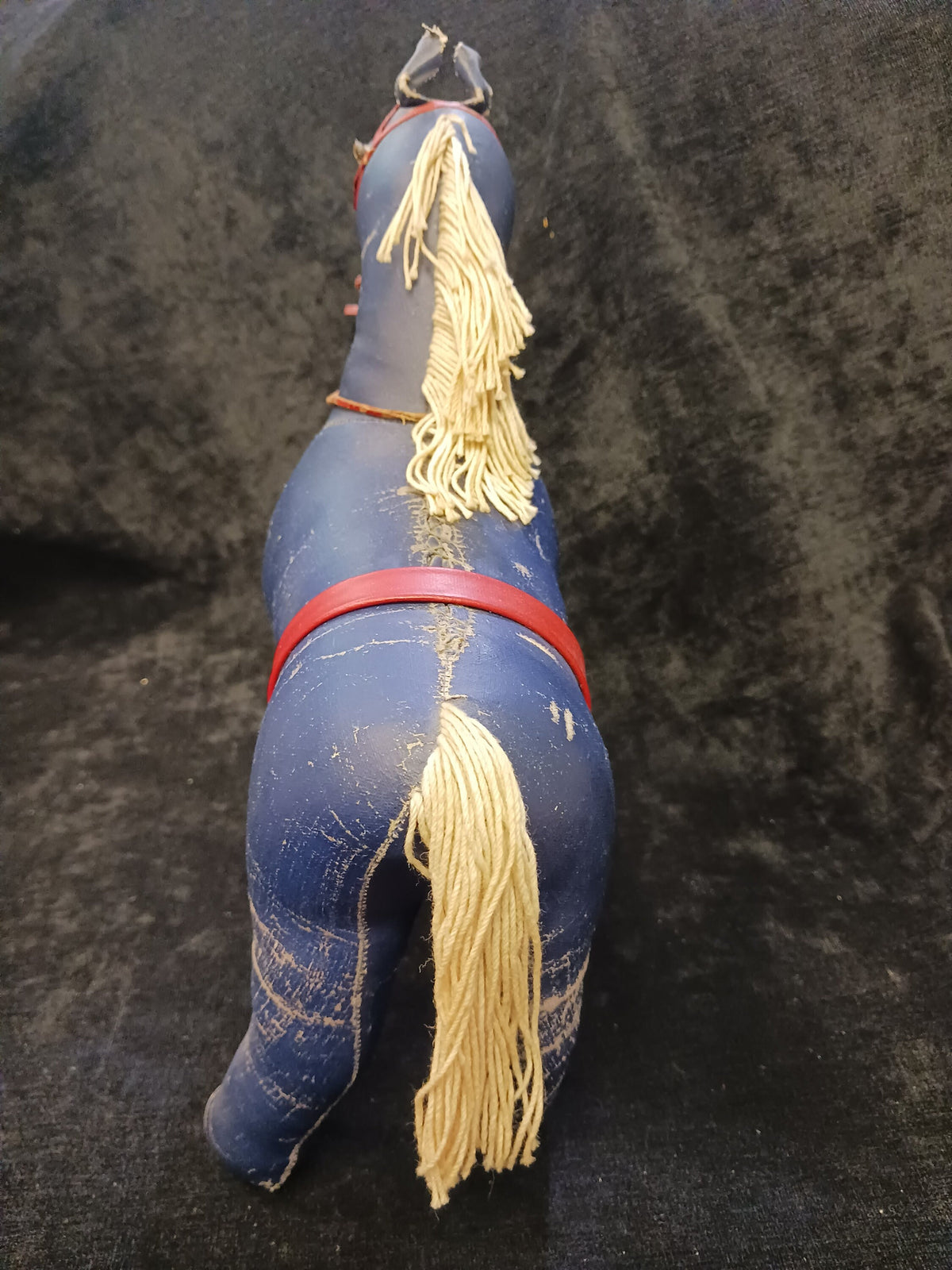 Dark Blue Oil Cloth 11" Circus Pony with String Tail and Mane - 1940s Stuffed Child's Toy - Proud Pony
