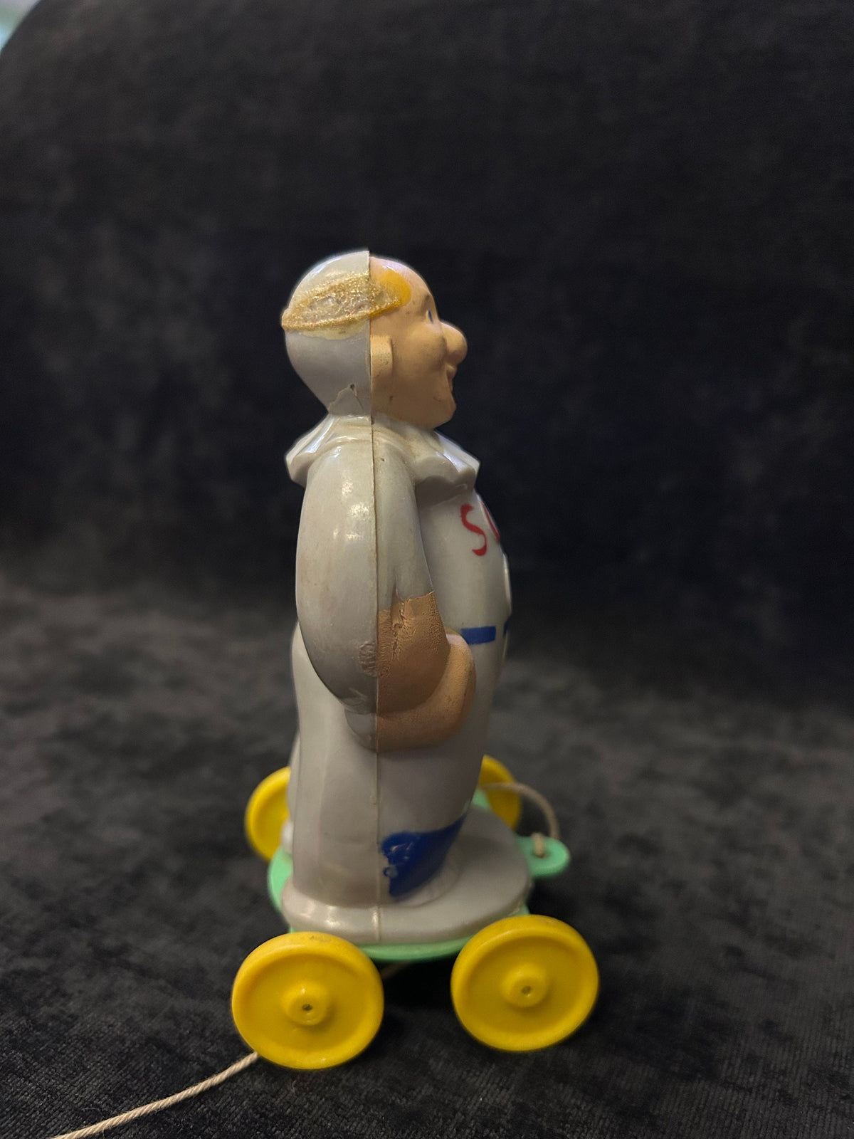 Vintage 1950's Rosbro Plastic - Red Sox Player - Very RARE Zook the Clown "Baby Head" on Baseball Player -Pull Toy with Original Pull String