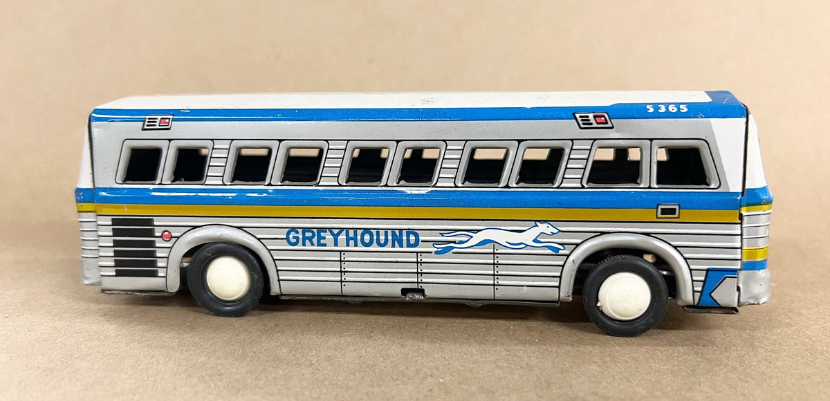 Tin Litho Greyhound Bus 5365 - Momoya/Hayashi Japan - 1950s Tin Toy- complete with Hub Caps