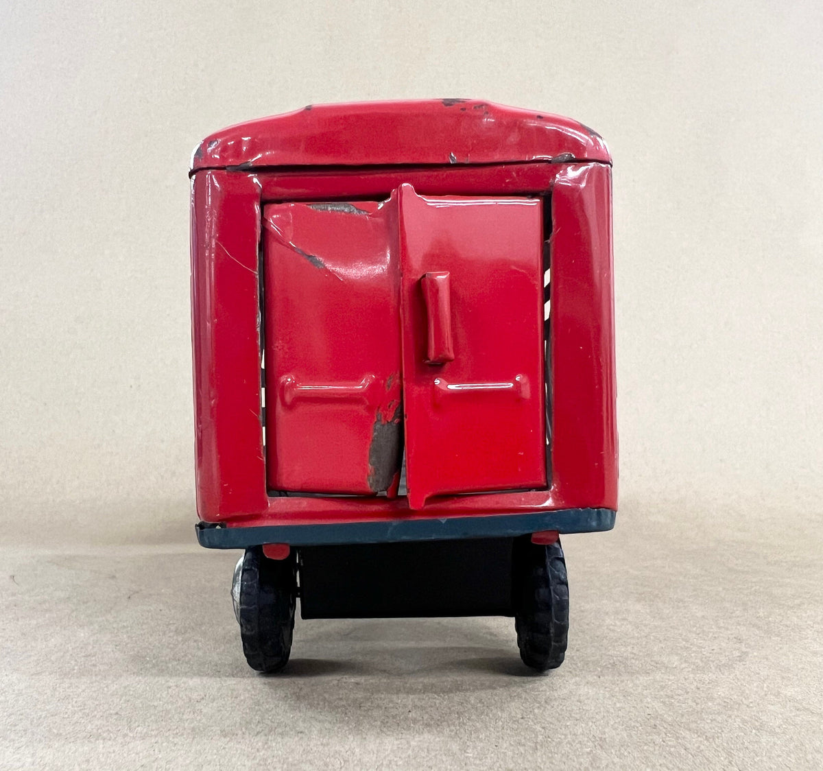 Semi Livestock Truck 1950s Japan - Tin Litho Friction Drive - Red and White Livestock Truck - Back Doors Open