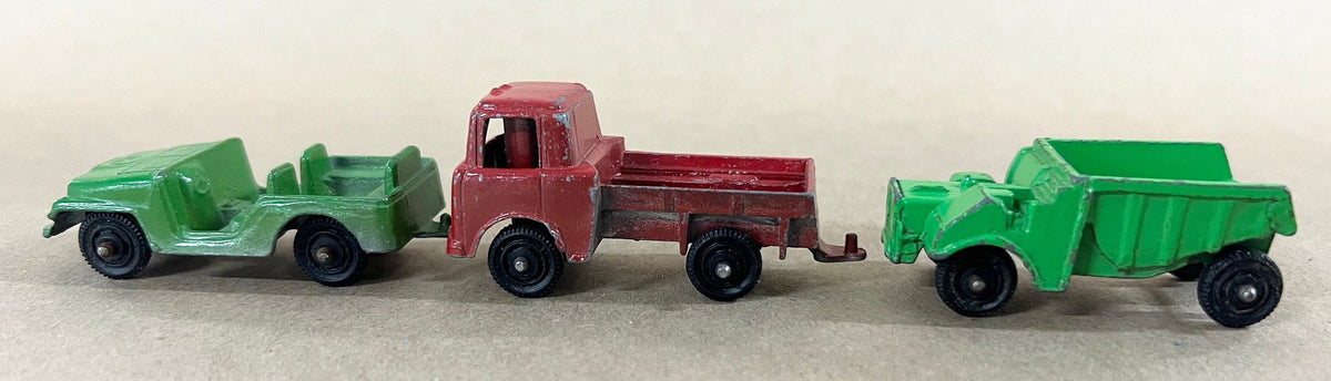Tootsie Toy Set Of Three- Red Zoo Animal Truck- Green Dump Truck- Green Army Truck original wheels - sold as a set