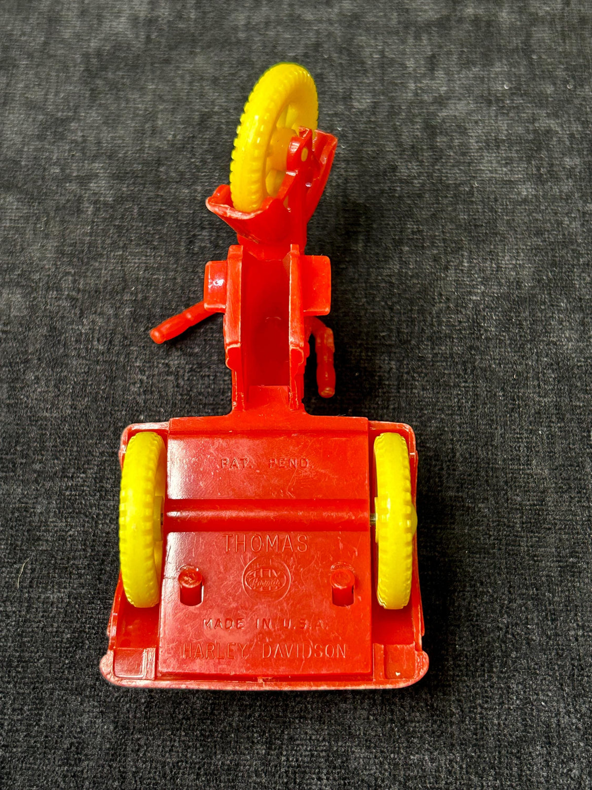 Thomas Toys -RARE 1950s Harley Davidson Delivery Trike and Delivery Man Driving- Delivery Man is Removable - Missing Plastic lid for Carrier
