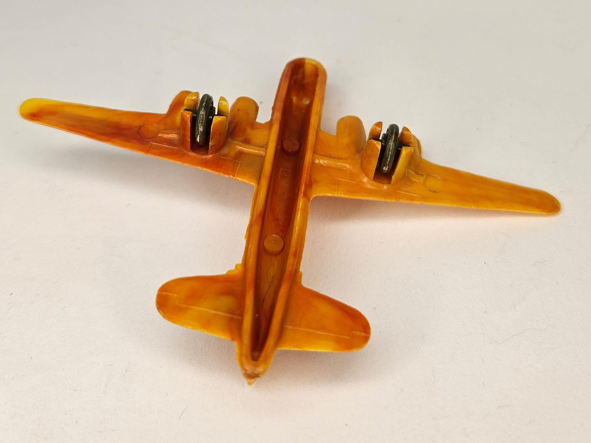 Orange Hard Plastic Toy Airplane- USAF With Wheels 4"W x 3"L x .05"H - Plastic Fighter Jet Marked USAF