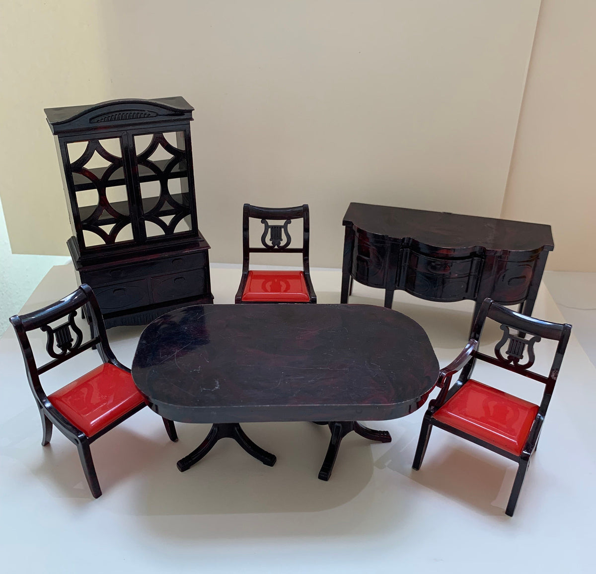Ideal Brown Marbeled Dining Room Set, Set of 7, Table, Buffet, Cabinet, and Chairs, Doll House Furniture