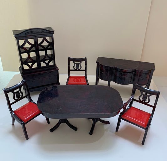 Ideal Brown Marbeled Dining Room Set, Set of 7, Table, Buffet, Cabinet, and Chairs, Doll House Furniture