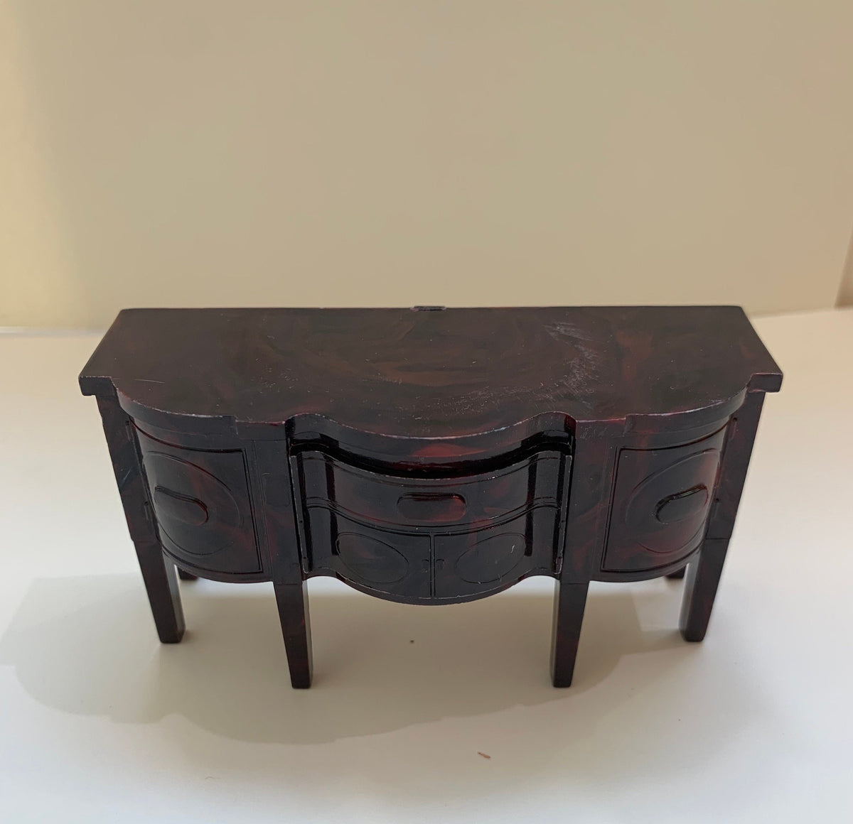 Ideal Brown Marbeled Dining Room Set, Set of 7, Table, Buffet, Cabinet, and Chairs, Doll House Furniture