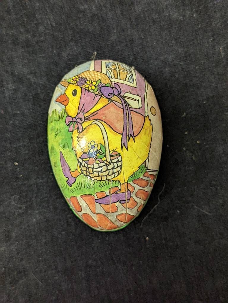 German Paper Mache Easter Egg with Chick in Her Easter Bonnet Design Vintage Easter