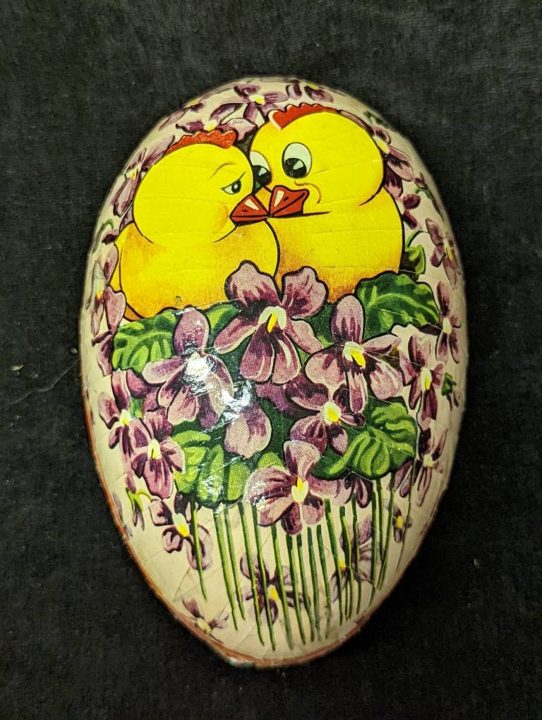 German Paper Mache Easter Egg with Two Chicks Surrounded by Flowers