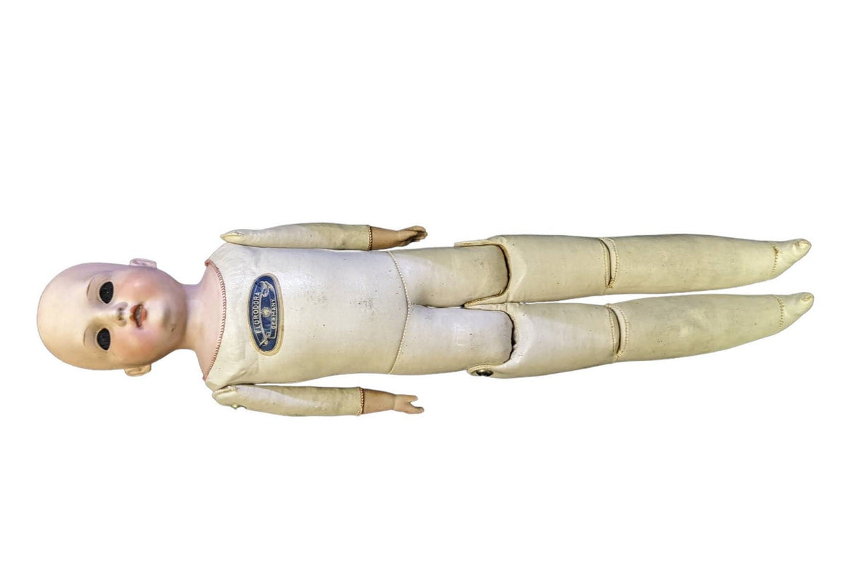 Antique A+M floradora bisque doll with Full Kid Leahter body Stamped FloraDora Germany
