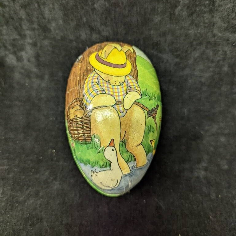 German Paper Mache Easter Egg with Rabbit Fishing 4.75' long -- perfect to Present Fishing  Lure In