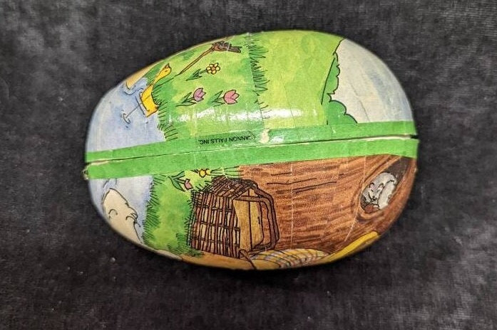 German Paper Mache Easter Egg with Rabbit Fishing 4.75' long -- perfect to Present Fishing  Lure In