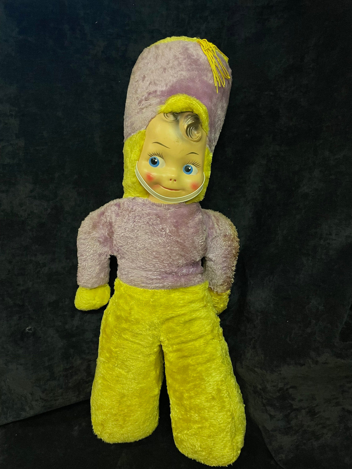 Majorette Plush Stuffed Toy Soldier- Celluloid Face - Purple and Yellow - Extra Large - 27 Inches Tall