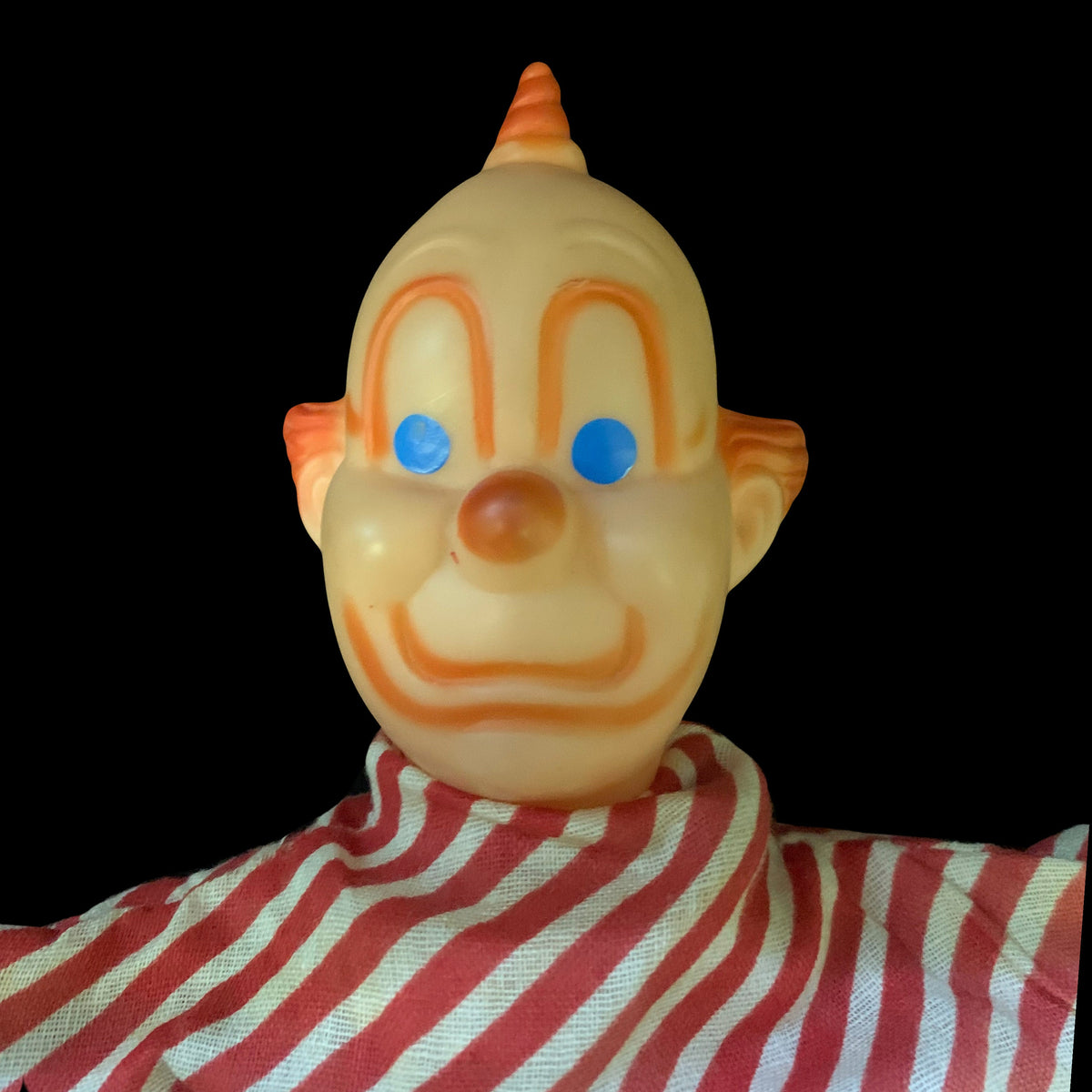 Clown Hand Puppet - Bozo the Clown Rubber head Puppet. Red Stripe cotton Clothes on Puppet