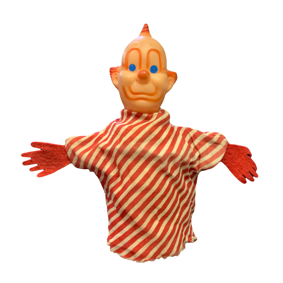 Clown Hand Puppet - Bozo the Clown Rubber head Puppet. Red Stripe cotton Clothes on Puppet