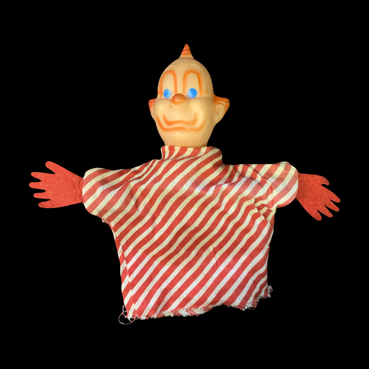 Clown Hand Puppet - Bozo the Clown Rubber head Puppet. Red Stripe cotton Clothes on Puppet