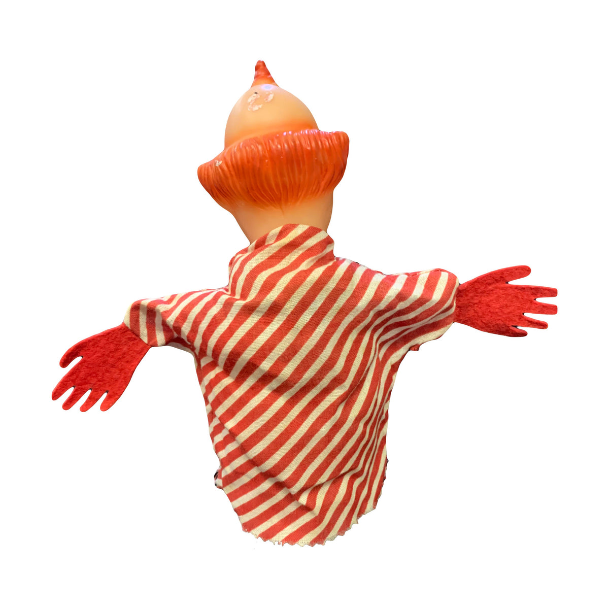 Clown Hand Puppet - Bozo the Clown Rubber head Puppet. Red Stripe cotton Clothes on Puppet