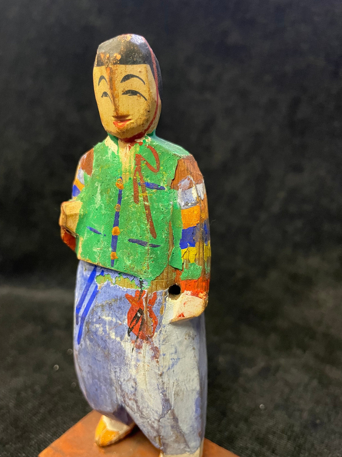 Hand-carved Wooden Asian Figure With Hand Painted Details - Asian Boy Statue