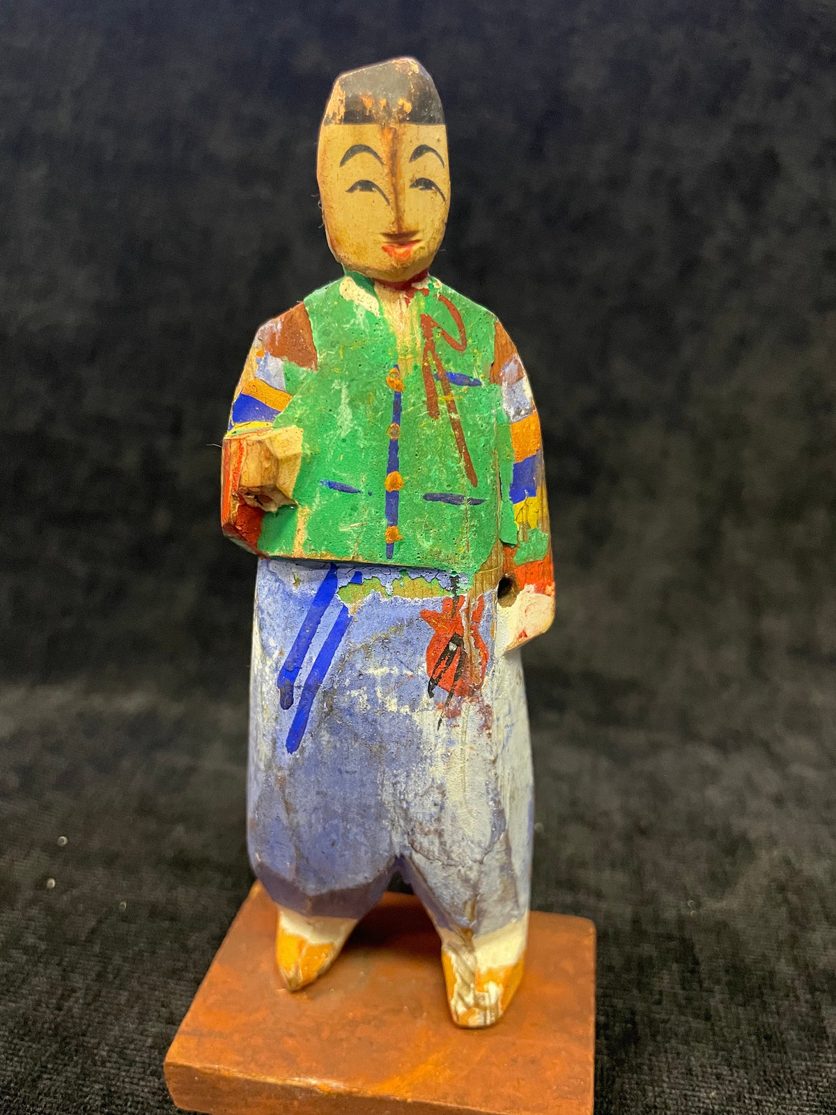 Hand-carved Wooden Asian Figure With Hand Painted Details - Asian Boy Statue