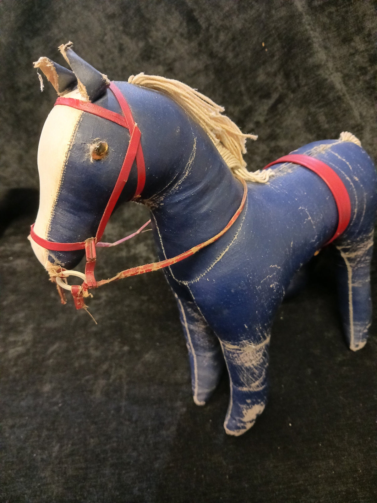 Dark Blue Oil Cloth 11" Circus Pony with String Tail and Mane  - 1940s Stuffed Child's Toy - Proud Pony