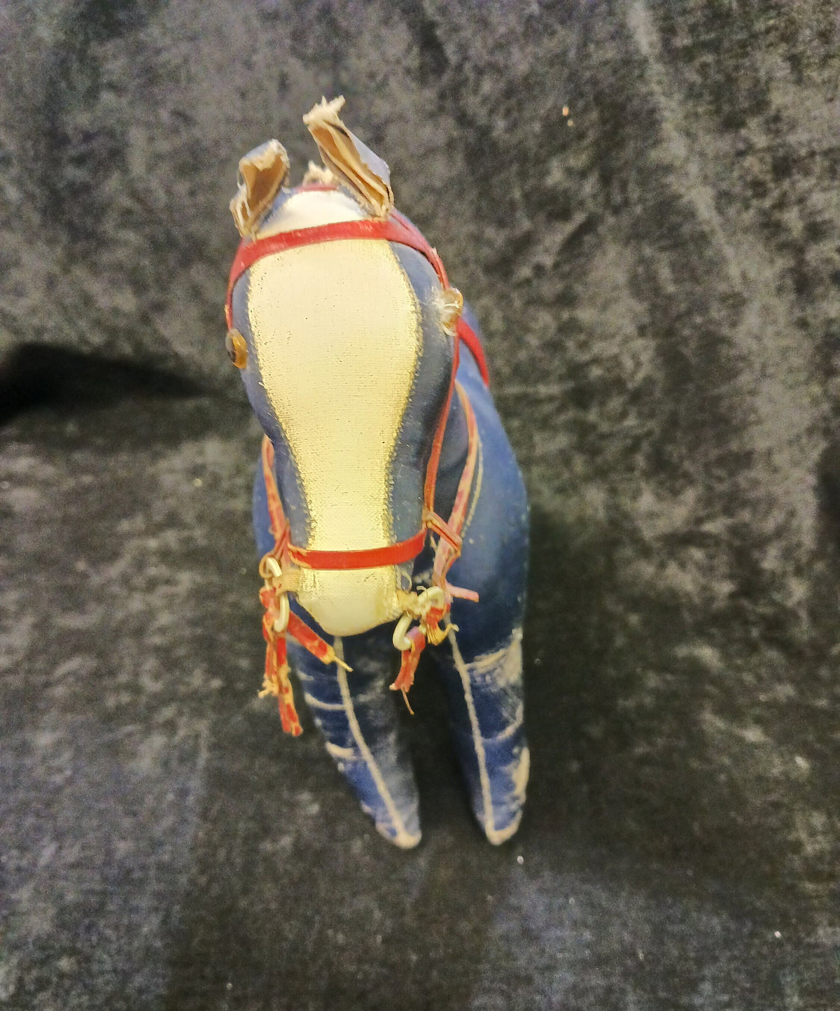 Dark Blue Oil Cloth 11" Circus Pony with String Tail and Mane  - 1940s Stuffed Child's Toy - Proud Pony