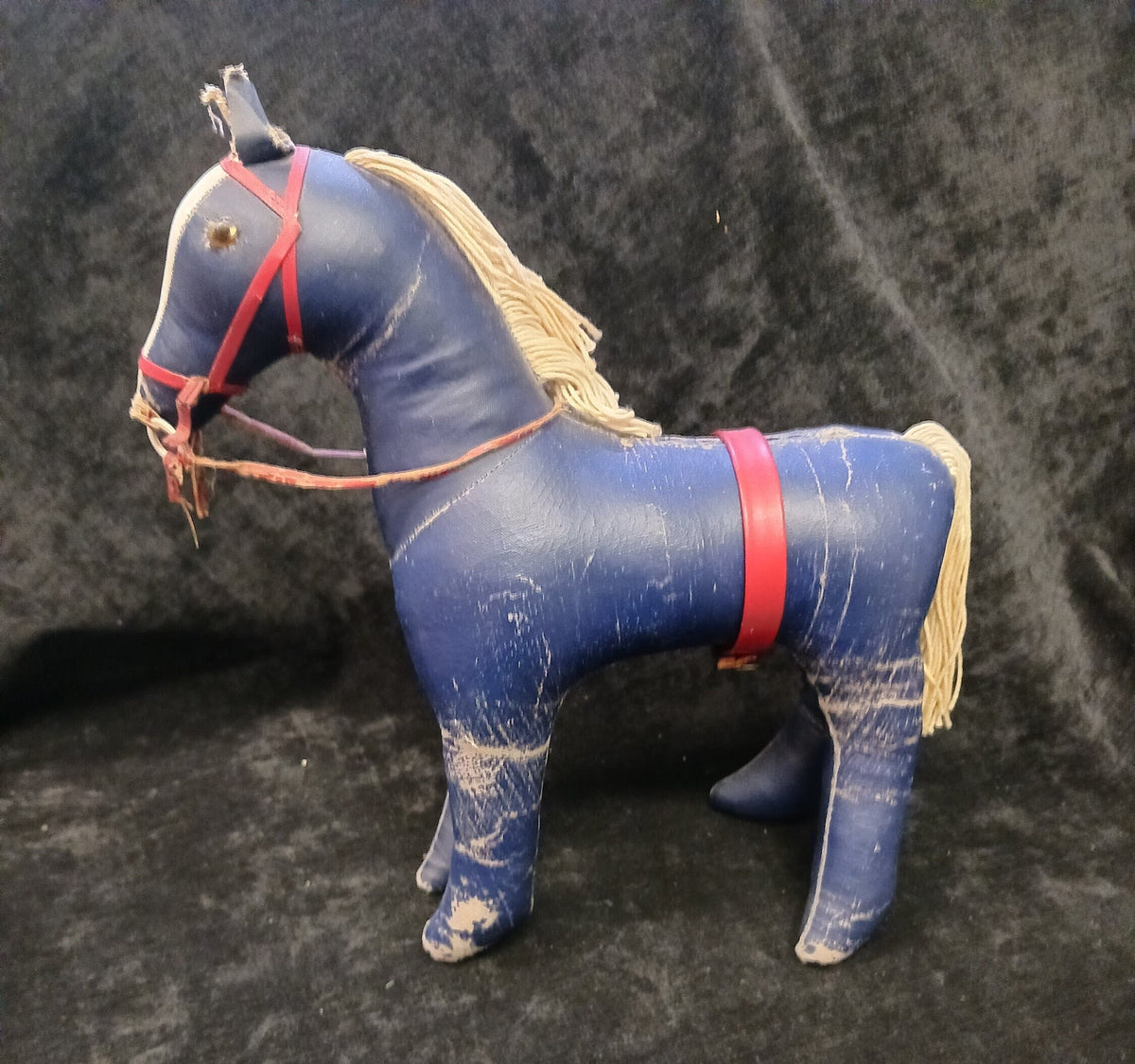 Dark Blue Oil Cloth 11" Circus Pony with String Tail and Mane  - 1940s Stuffed Child's Toy - Proud Pony