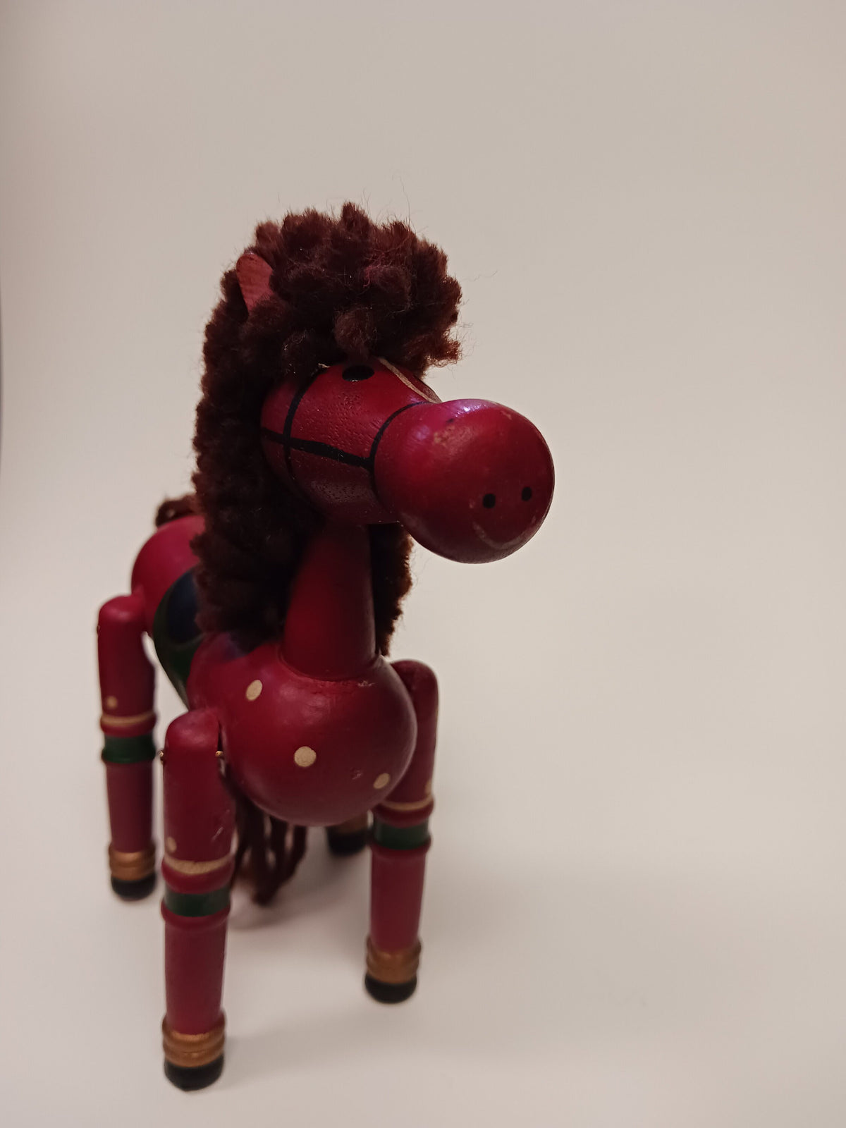 Red Wooden Horse -  Adjustable Small Wooden Horse - Red and Black Hobby Horse with Yarn Mane and Tail