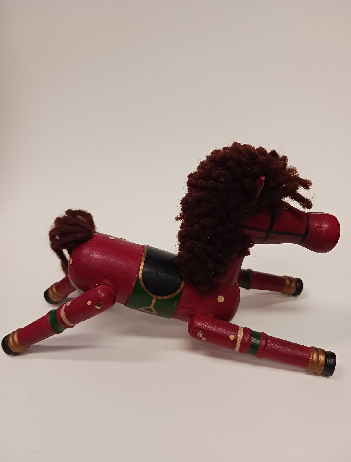 Red Wooden Horse -  Adjustable Small Wooden Horse - Red and Black Hobby Horse with Yarn Mane and Tail