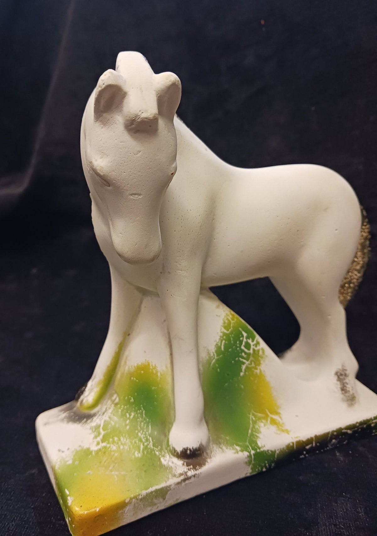 White 6" Chalkware Horse with Glitter Mane and Tail - County Fair Prize in 1940s - Sweet Chalkware Pony
