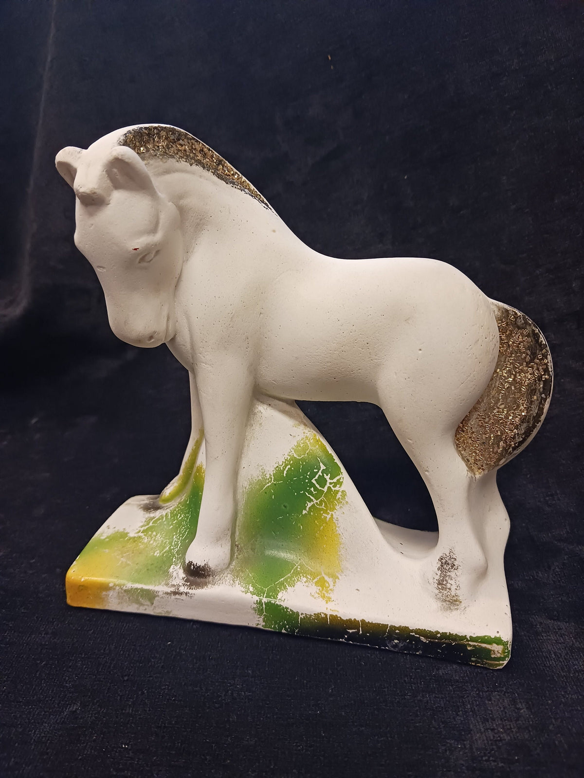 White 6" Chalkware Horse with Glitter Mane and Tail - County Fair Prize in 1940s - Sweet Chalkware Pony