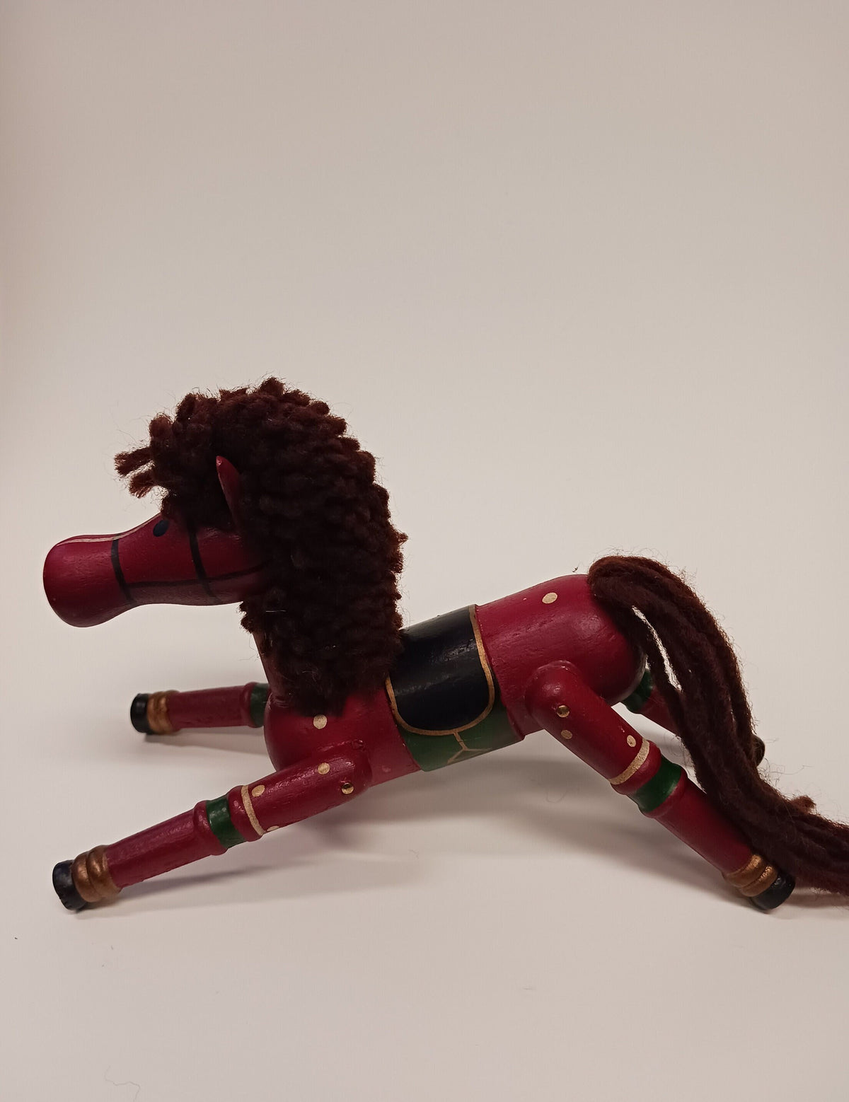 Red Wooden Horse -  Adjustable Small Wooden Horse - Red and Black Hobby Horse with Yarn Mane and Tail