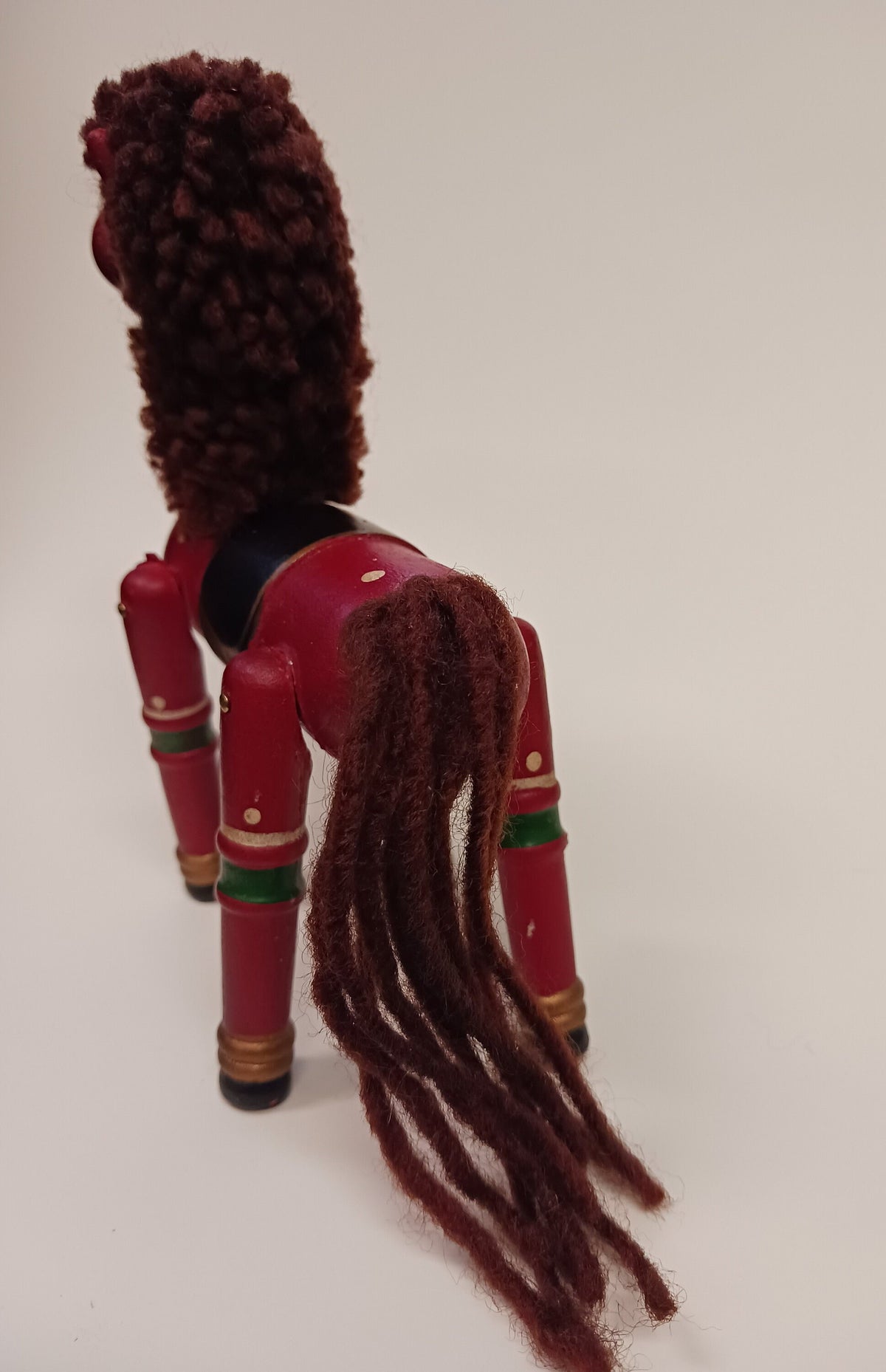 Red Wooden Horse -  Adjustable Small Wooden Horse - Red and Black Hobby Horse with Yarn Mane and Tail