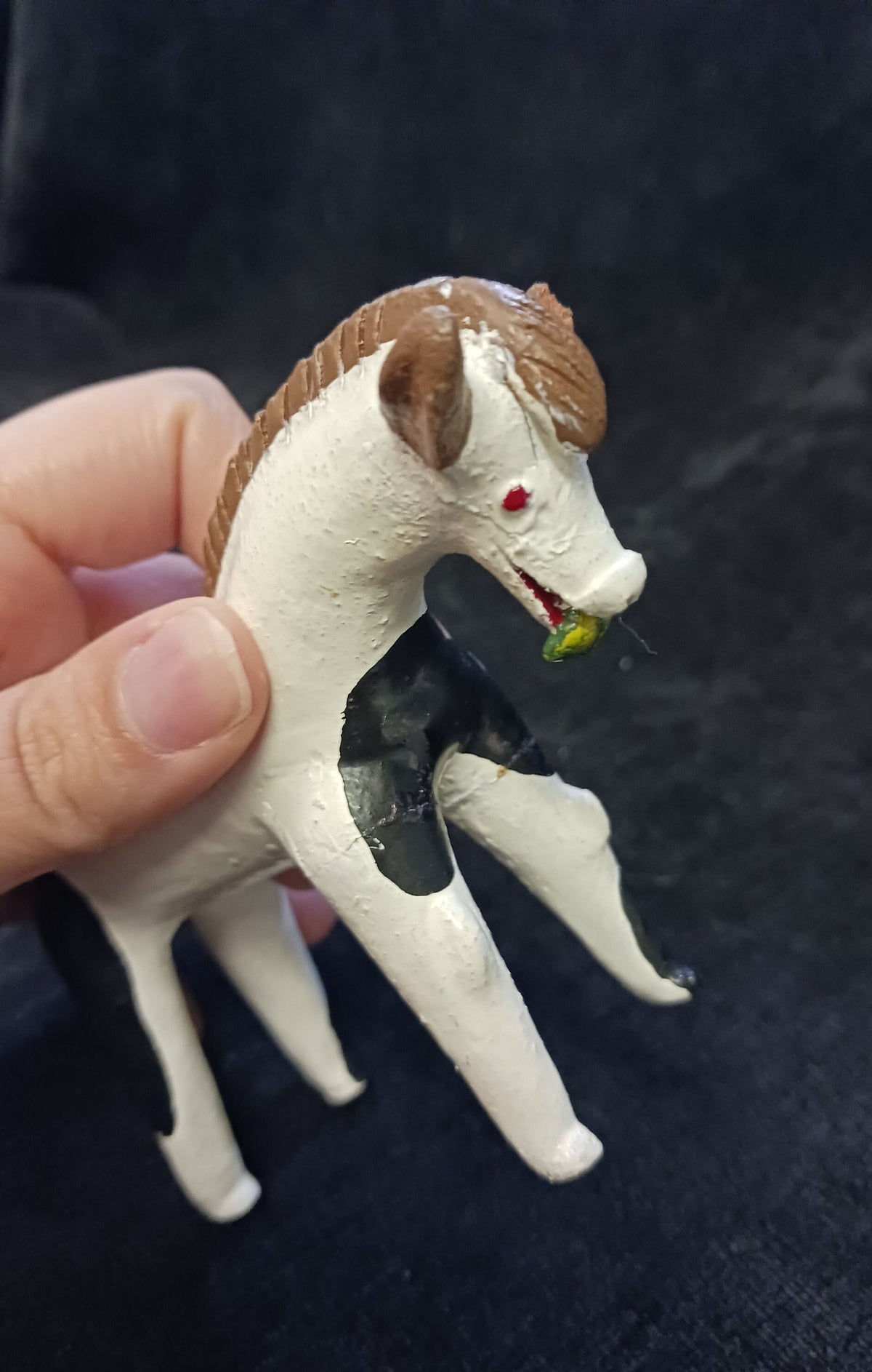 Primitive Metal Horse Figurine - Hand Painted Horse figure with Leaves in Mouth