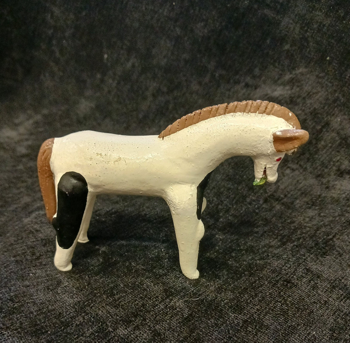 Primitive Metal Horse Figurine - Hand Painted Horse figure with Leaves in Mouth