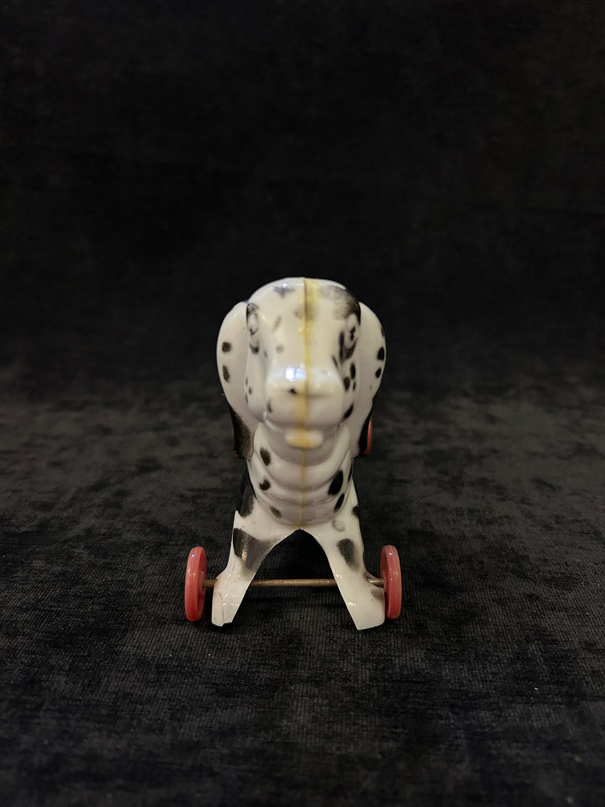 Rosen Tico Valentine's Day Spotty the Dog -1940's-Candy Holder- Plastic Black and White Spotted Dog on wheels RARE find Candy Container