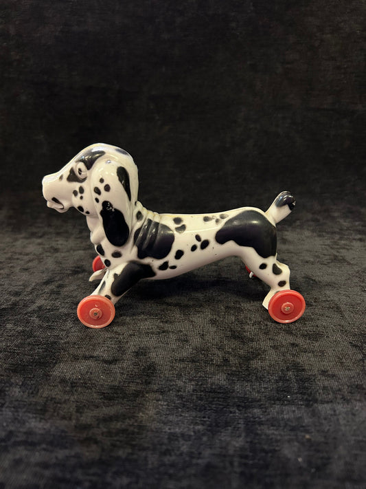 Rosen Tico Valentine's Day Spotty the Dog -1940's-Candy Holder- Plastic Black and White Spotted Dog on wheels RARE find Candy Container