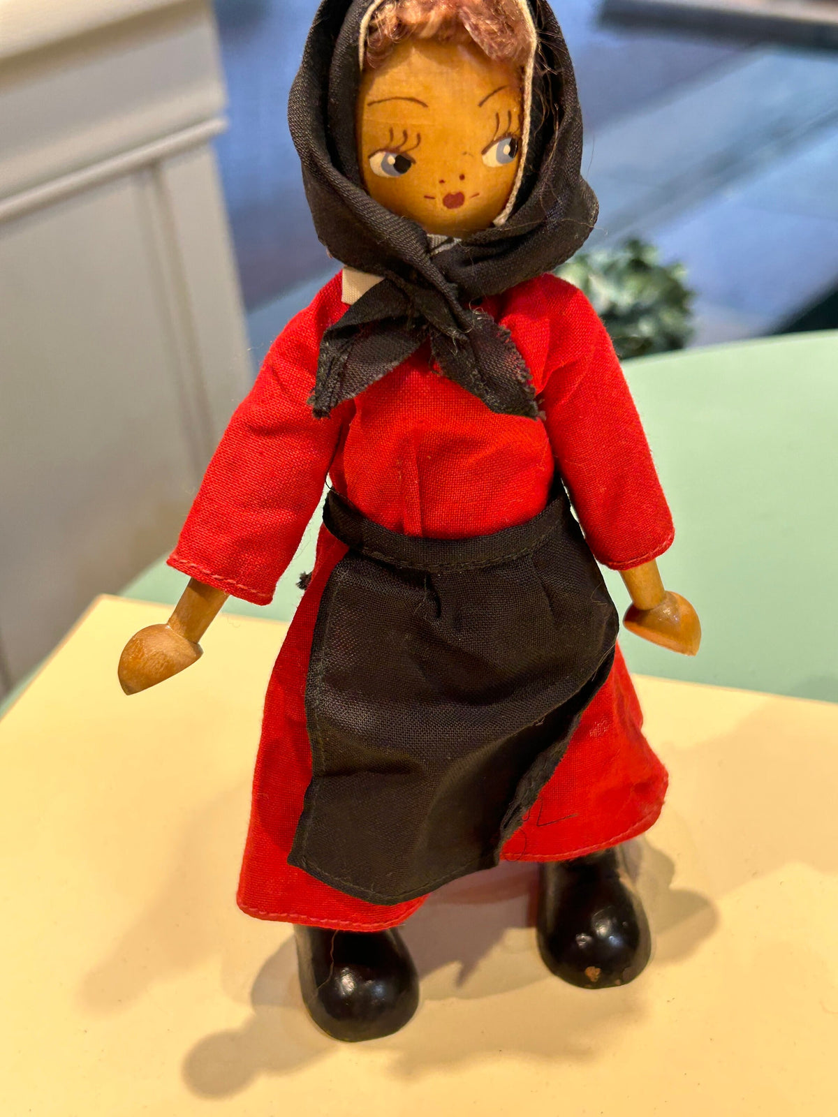 7" Wooden Doll -  Traditional Polish Red Dress ,Black Scarf and Black Apron -Made in Poland - Polish Souvenir Doll - Handpainted Wooden Doll