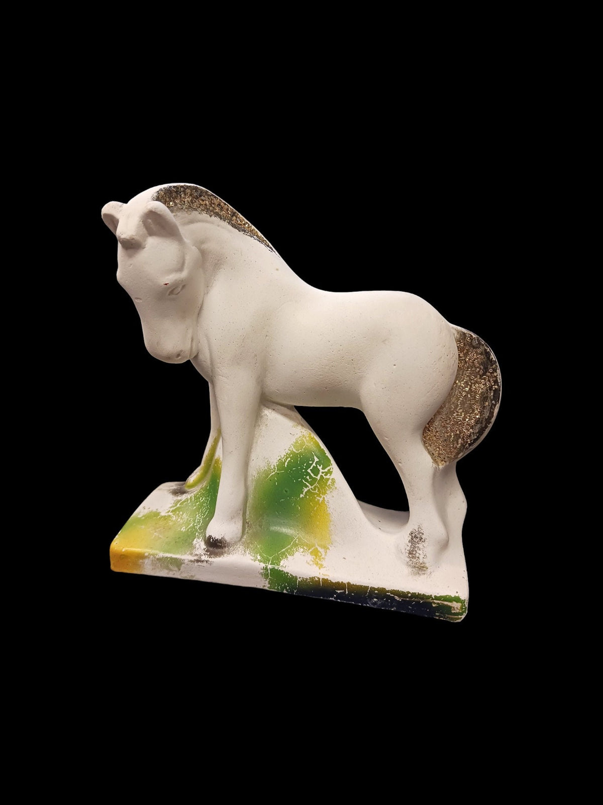 White 6" Chalkware Horse with Glitter Mane and Tail - County Fair Prize in 1940s - Sweet Chalkware Pony