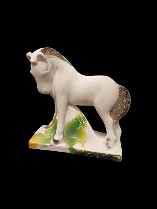 White 6" Chalkware Horse with Glitter Mane and Tail - County Fair Prize in 1940s - Sweet Chalkware Pony