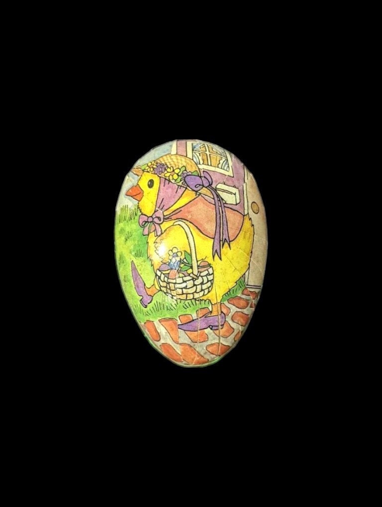German Paper Mache Easter Egg with Chick in Her Easter Bonnet Design Vintage Easter