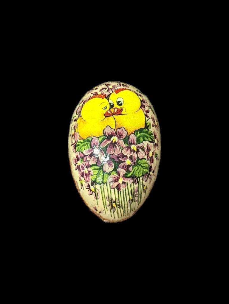 German Paper Mache Easter Egg with Two Chicks Surrounded by Flowers