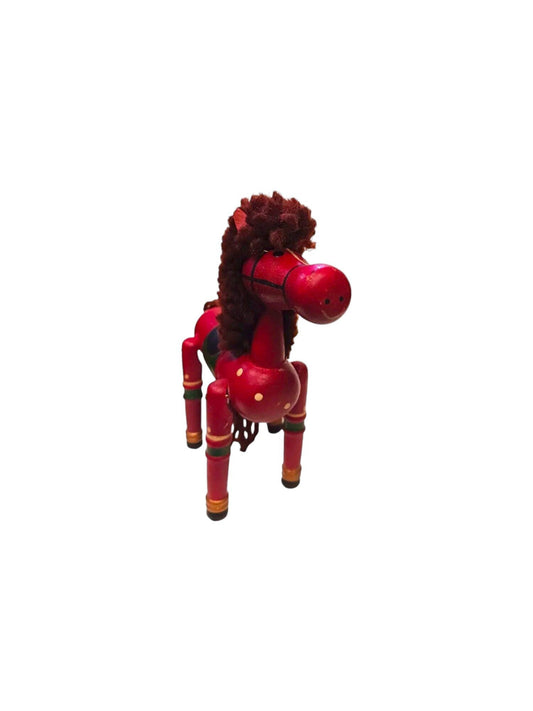 Red Wooden Horse -  Adjustable Small Wooden Horse - Red and Black Hobby Horse with Yarn Mane and Tail