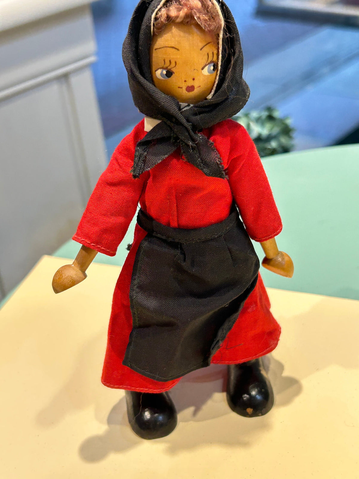 7" Wooden Doll -  Traditional Polish Red Dress ,Black Scarf and Black Apron -Made in Poland - Polish Souvenir Doll - Handpainted Wooden Doll