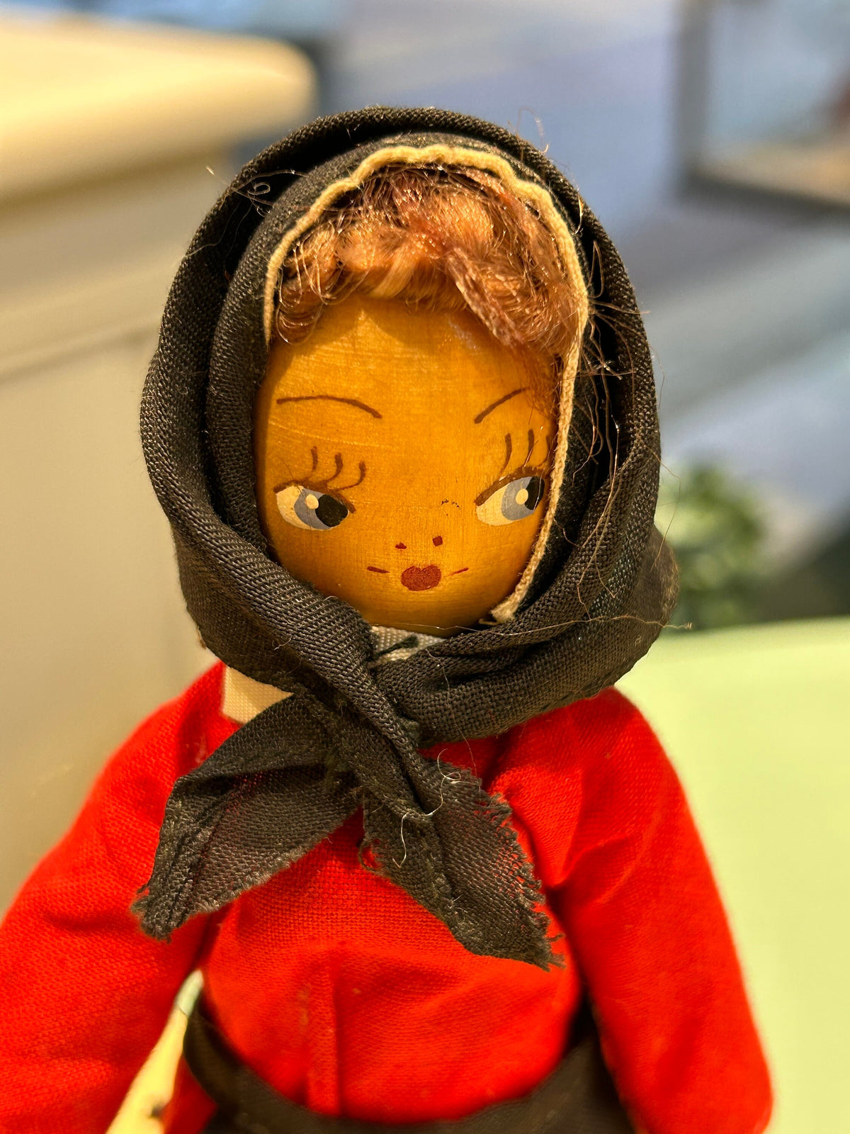 7" Wooden Doll -  Traditional Polish Red Dress ,Black Scarf and Black Apron -Made in Poland - Polish Souvenir Doll - Handpainted Wooden Doll