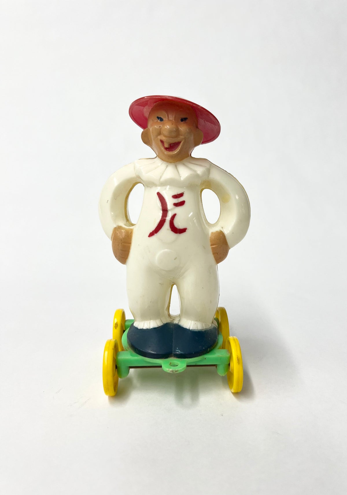 Zook the Clown on Wheels with Coolie Hat - RARE Zook with Japanese Character on  Shirt   - Rosbro Plastic Toy - Japanese Toy Zook the Clown