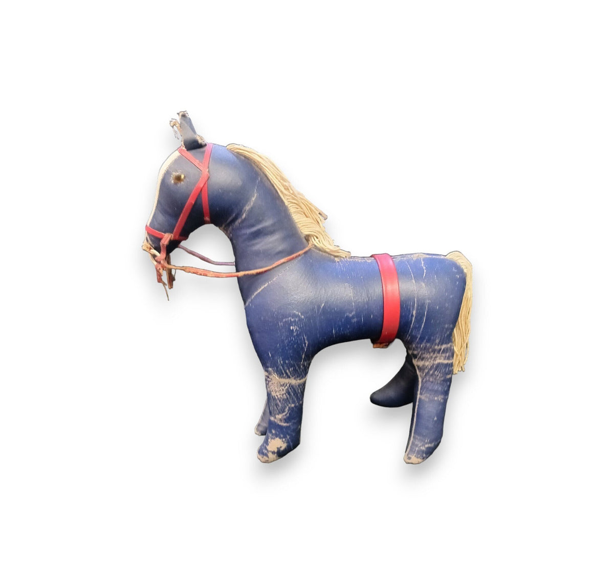 Dark Blue Oil Cloth 11" Circus Pony with String Tail and Mane  - 1940s Stuffed Child's Toy - Proud Pony