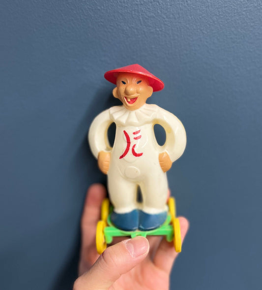 Zook the Clown on Wheels with Coolie Hat - RARE Zook with Japanese Character on  Shirt   - Rosbro Plastic Toy - Japanese Toy Zook the Clown