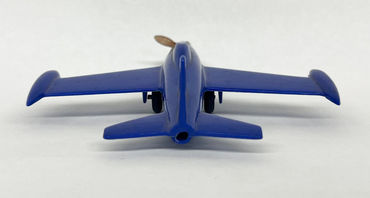 USAF Plastic Blue Fighter Jet  - Argo Plastic Fighter Jet - Propeller Missing 2 Blades - push buttons on nose to reverse propeller spin