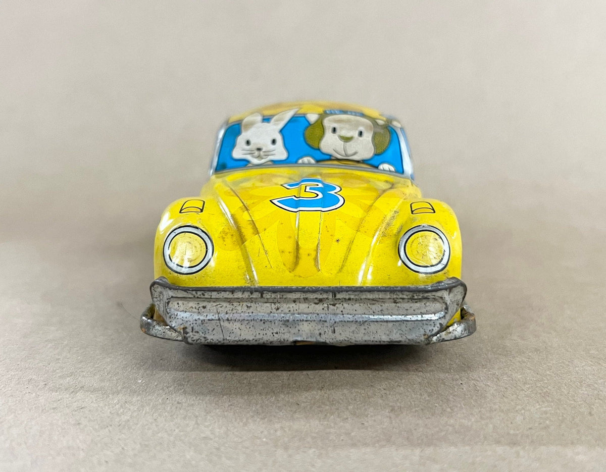 Tin Litho VW Friction Taxi 1960s - STP Car 3 - Shell Logo and STP Logo From 1950s - Made in Japan - Cartoon Characters Inside Taxi