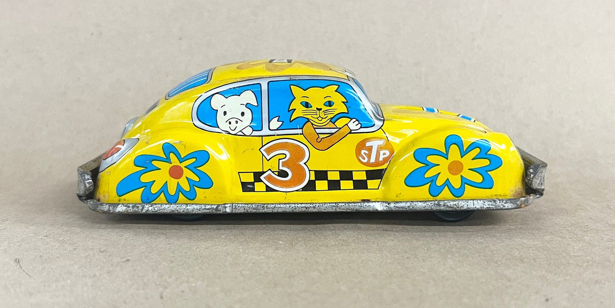 Tin Litho VW Friction Taxi 1960s - STP Car 3 - Shell Logo and STP Logo From 1950s - Made in Japan - Cartoon Characters Inside Taxi