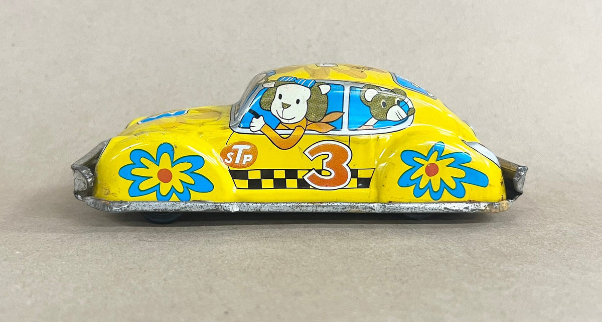 Tin Litho VW Friction Taxi 1960s - STP Car 3 - Shell Logo and STP Logo From 1950s - Made in Japan - Cartoon Characters Inside Taxi
